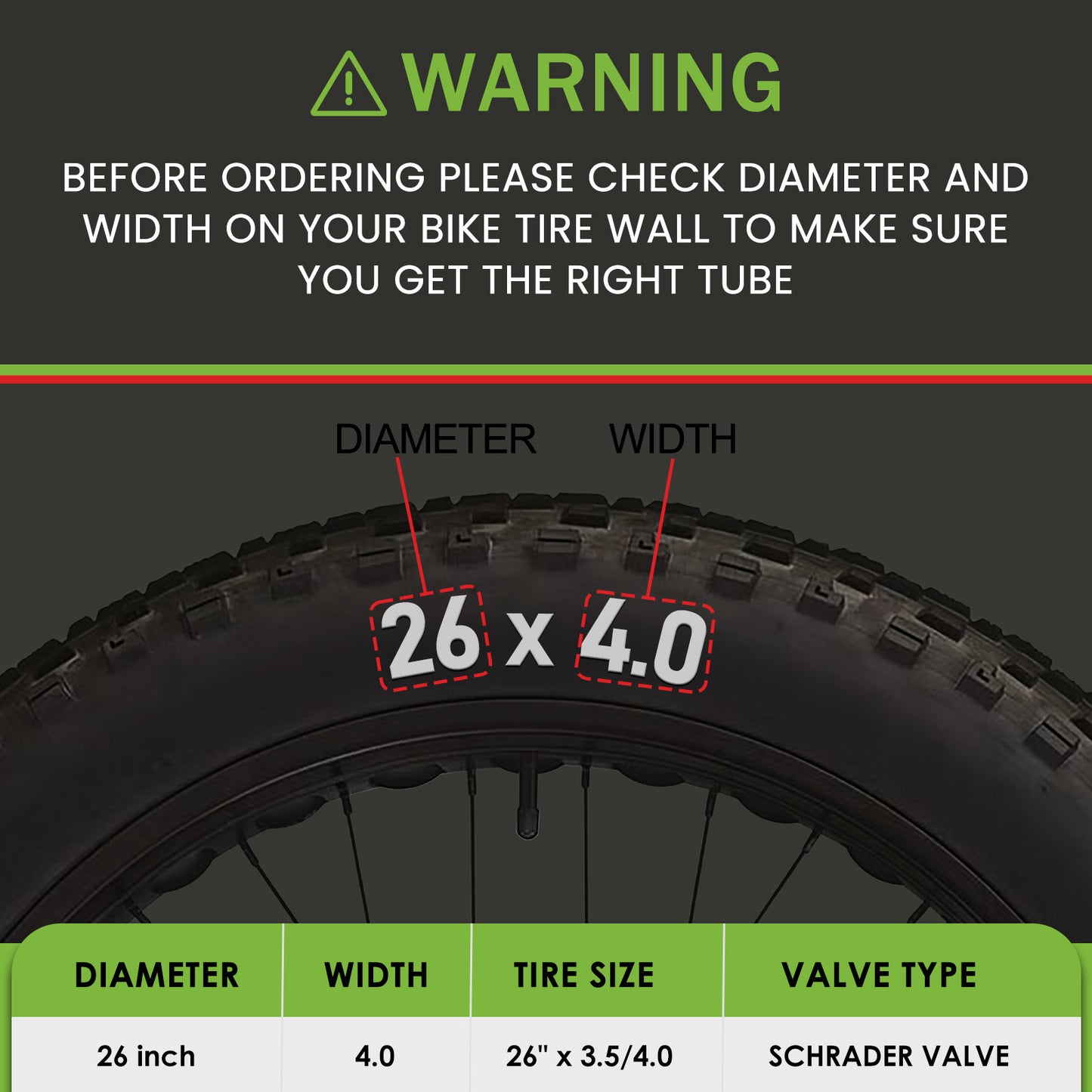 26x4.0 Heavy Duty Fat Tire Bike Tube (2 Pack)