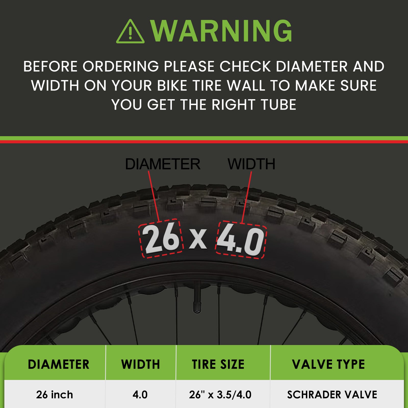 26x4.0 Heavy Duty Fat Tire Bike Tube (1 Pack)